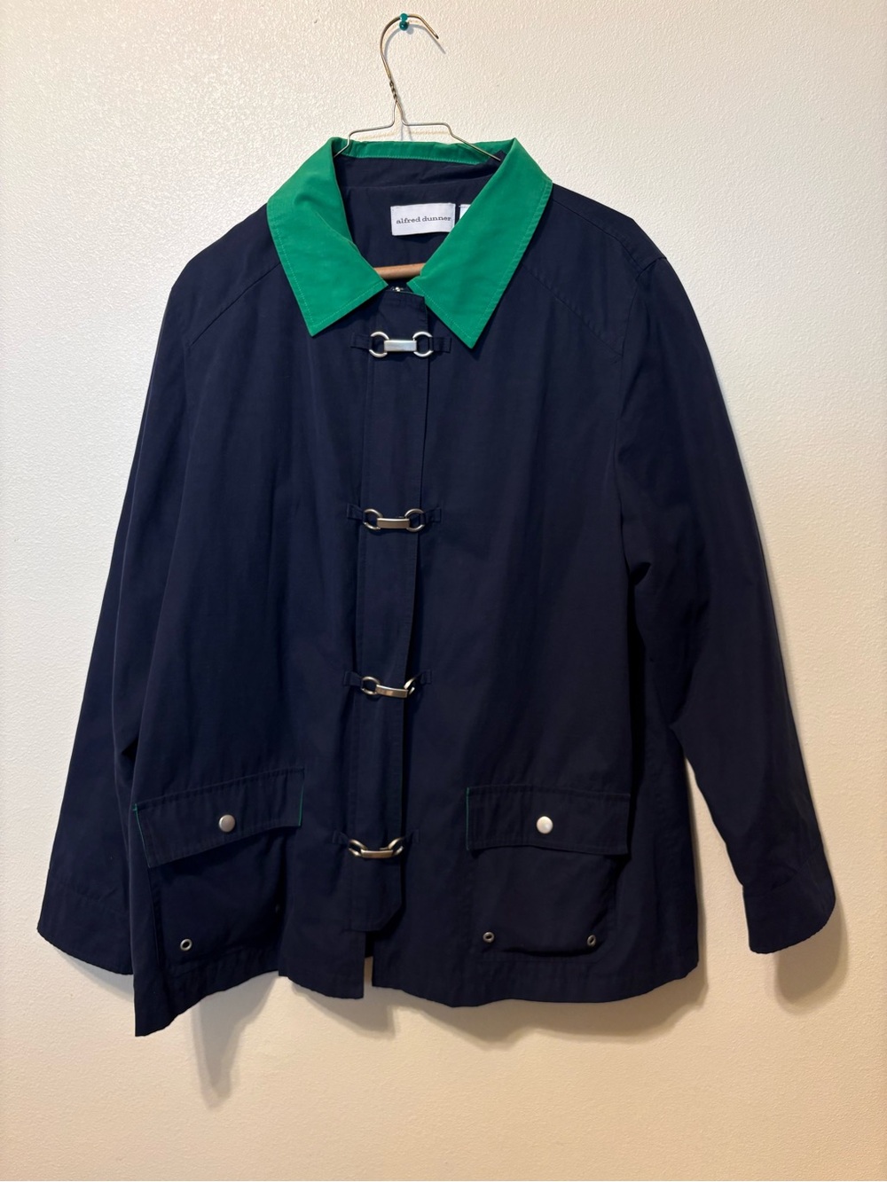 Alfred Dunner Navy Raincoat with Green Collar